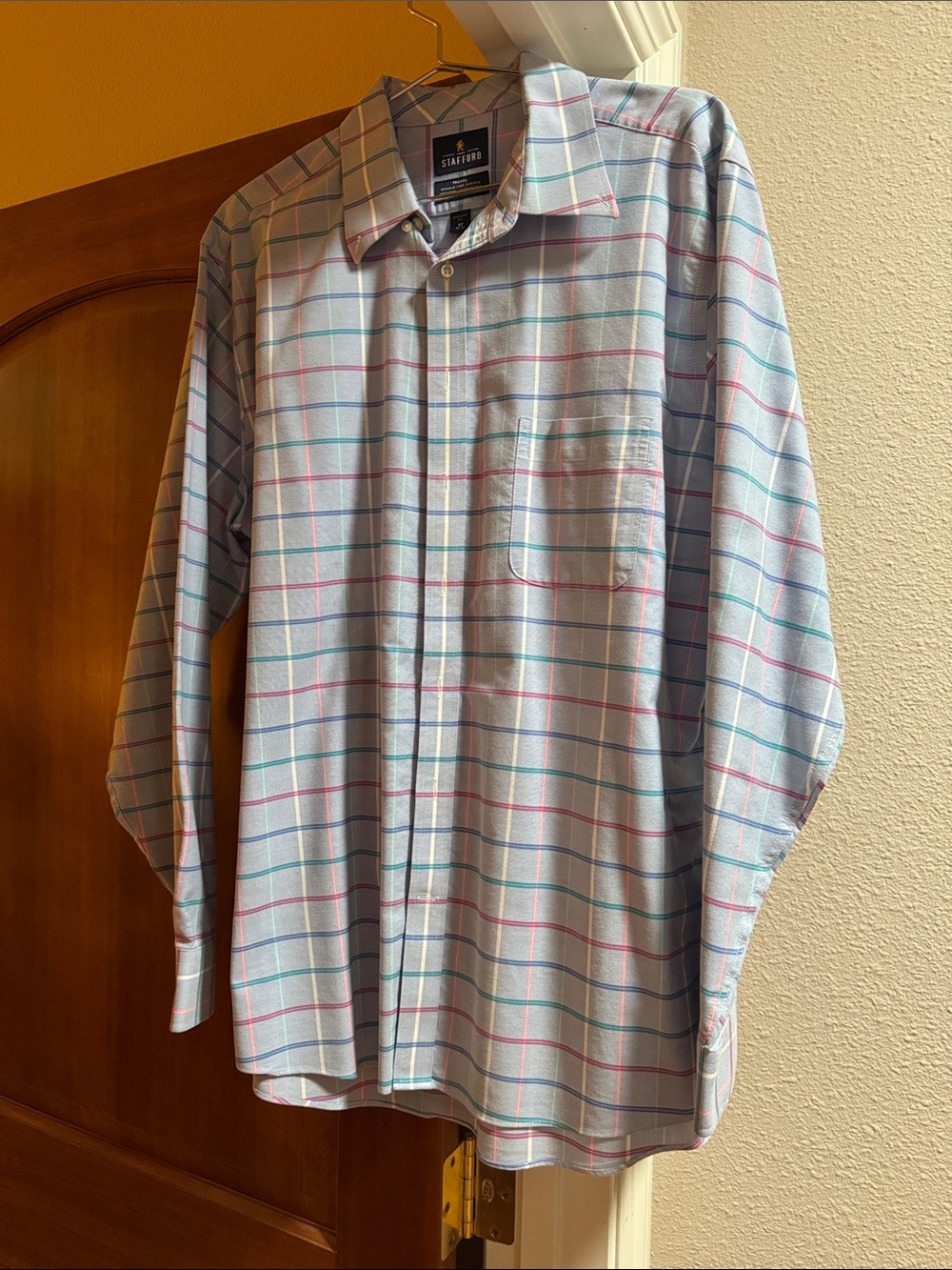 Stafford Men’s Light Blue Plaid Dress Shirt with Pink & Teal Stripes